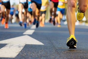 Fototapeta premium Arrow with line of runners at city marathon