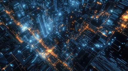 Aerial view of a smart city at night, with interconnected buildings and data streams