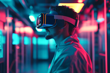 Virtual Pioneer in Neon Glow: A man in a VR headset explores a futuristic server room, bathed in vibrant neon light, showcasing the convergence of technology and human curiosity.