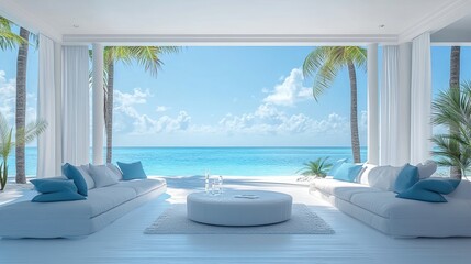 Fototapeta premium White luxury living room with some details in blue glasses color near maldives beach floating sea