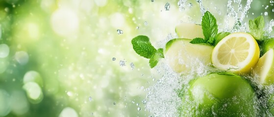 Fresh green apples and vibrant lemons splashing in water with mint leaves, creating a refreshing and vibrant atmosphere.
