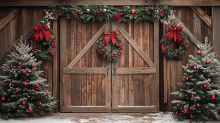 Rustic wooden barn door decorated with Christmas wreaths, red bows, and snow-covered pine trees, capturing a festive holiday spirit.