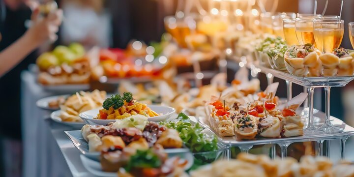 A buffet table with a variety of food and drinks, including a salad, sandwiches, and fruit - Powered by Adobe