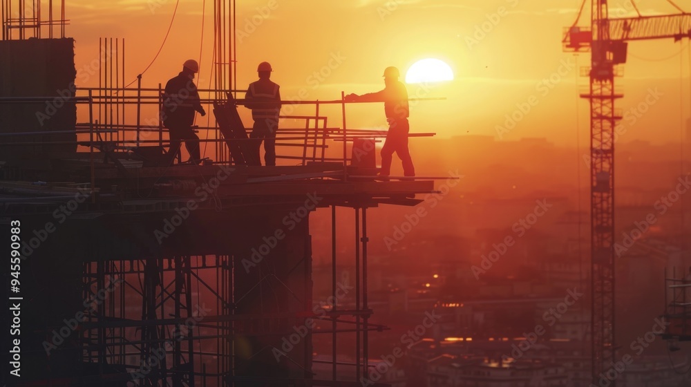 Poster two people standing on the edge of a building with urban scenery in the background