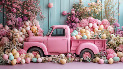 Vintage pink truck adorned with colorful flowers and Easter eggs, set against a pastel backdrop.