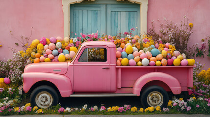 Vintage pink truck filled with colorful balloons in front of a floral background with pastel-colored walls and blue windows.