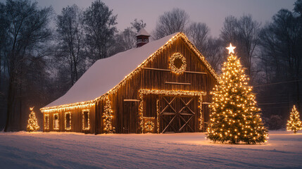 A quaint barn adorned with Christmas lights and surrounded by snow-covered trees, creating a festive holiday scene at dusk.