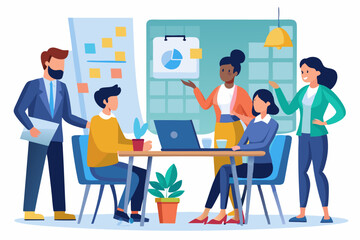 Workshop or business discussion, meeting or brainstorm new idea, training course class, Q and A, question and answer chat, business people in workshop meeting room with whiteboard and sticky notes. 
