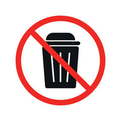 No Trash Vector Flat Sign on White Background. No Waste Symbol. Rubbish Bin Pictogram with Circle and Slash. 