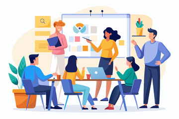 Workshop or business discussion, meeting or brainstorm new idea, training course class, Q and A, question and answer chat, business people in workshop meeting room with whiteboard and sticky notes. 
