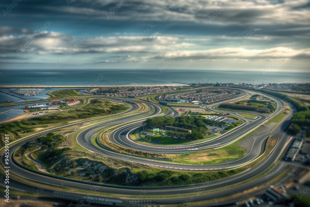 Sticker Aerial view of a highway leading into the distance with a body of water visible in the foreground