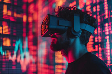 Immersed in the Metaverse of Finance: A man engrossed in a virtual reality experience, surrounded by glowing financial data visualizations