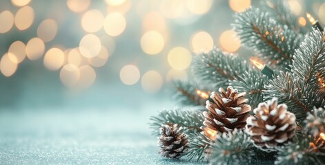 Festive Christmas Background with Pine Branches and Twinkling Lights
