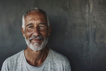 An older man stands against a dark, textured wall, creating a strong contrast between the subject and the background, evoking themes of wisdom and experience.