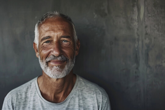 An older man stands against a dark, textured wall, creating a strong contrast between the subject and the background, evoking themes of wisdom and experience.