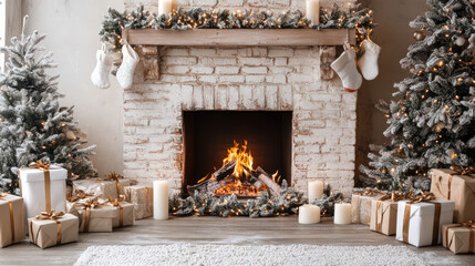 Cozy Christmas living room with a decorated fireplace, stockings hung, and gifts under the tree, perfect holiday atmosphere.