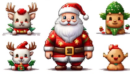 Pixelated Christmas Character Assets- Develop a pixel art set for Christmas games with assets including santa, Christmas reindeer. Game design assets. Graphic art 8 bit illustration isolated