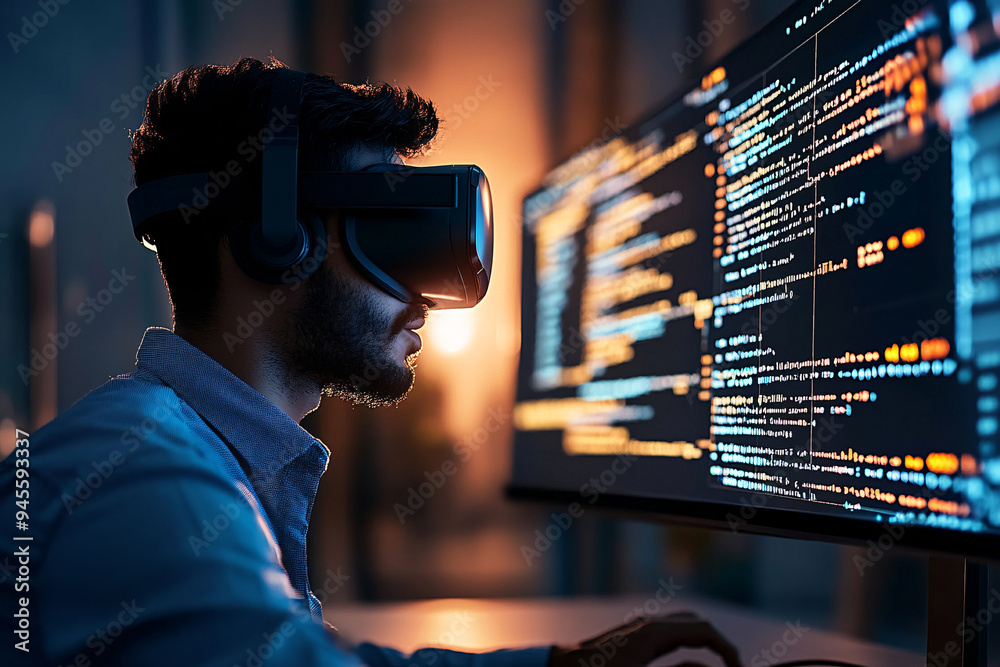 Wall mural vr developer: a focused programmer wearing vr goggles, immersed in a world of code, working late int