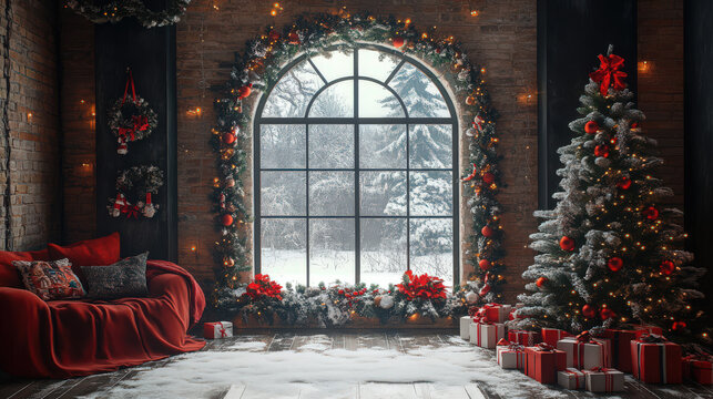 Cozy Christmas living room with a decorated tree, gifts, and a large window overlooking a snowy winter landscape.