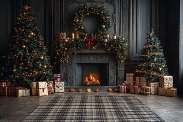 Cozy Christmas living room with festive decorations, two Christmas trees, gift boxes by the fireplace, and warm, inviting holiday ambiance.