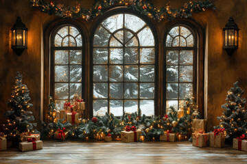Cozy Christmas scene with decorated trees, presents, and a snowy landscape outside an arched window. Warm and festive holiday atmosphere indoors.
