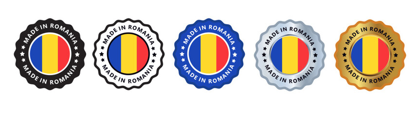 Made in romania set of sign stamp badge, with varian color blue, silver, gold, black suitable for products manufactured, military, agriculture or food vector illustration eps editable text