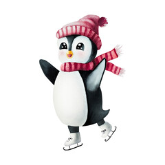 Cute smiling penguin wearing red scarf, cap and skates. Christmas north animal, watercolor hand painted illustration isolated on background. For designers, decoration, shop, for postcards, wrapping pa