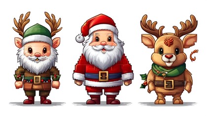Pixelated Christmas Character Assets- Develop a pixel art set for Christmas games with assets including santa, Christmas reindeer. Game design assets. Graphic art 8 bit illustration isolated icons