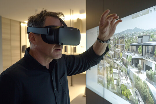 Immersive Architecture: A man wearing a VR headset interacts with a digital rendering of a modern home design, showcasing innovative technology and the future of real estate.