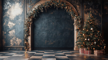 Elegant Christmas scene with decorated tree and archway, festive holiday atmosphere with gifts and ornaments, perfect for seasonal designs.