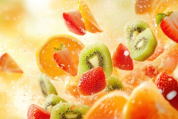 Vibrant fruits splash in refreshing motion, showcasing strawberries, kiwis, and oranges for a dynamic and colorful scene.