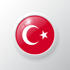 Obraz premium 3D Button with Turkey flag. as round glossy icon on background isolated. Vector illustration eps 10. 