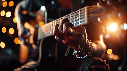 Naklejka premium Photo-realistic acoustic guitar performance, musician strumming passionately on stage, warm lighting, high-definition, vivid colors