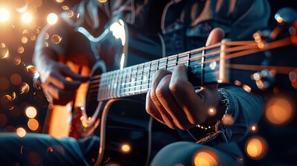Naklejka premium Photo-realistic acoustic guitar being tuned, detailed shot of hands adjusting pegs, high-resolution, vibrant colors, lifelike textures