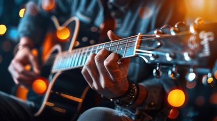 Naklejka premium Photo-realistic acoustic guitar performance, musician strumming passionately on stage, warm lighting, high-definition, vivid colors
