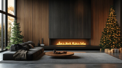 Modern living room with fireplace, Christmas trees, and cozy sofa, featuring sleek design and festive decor, perfect for holiday inspiration.