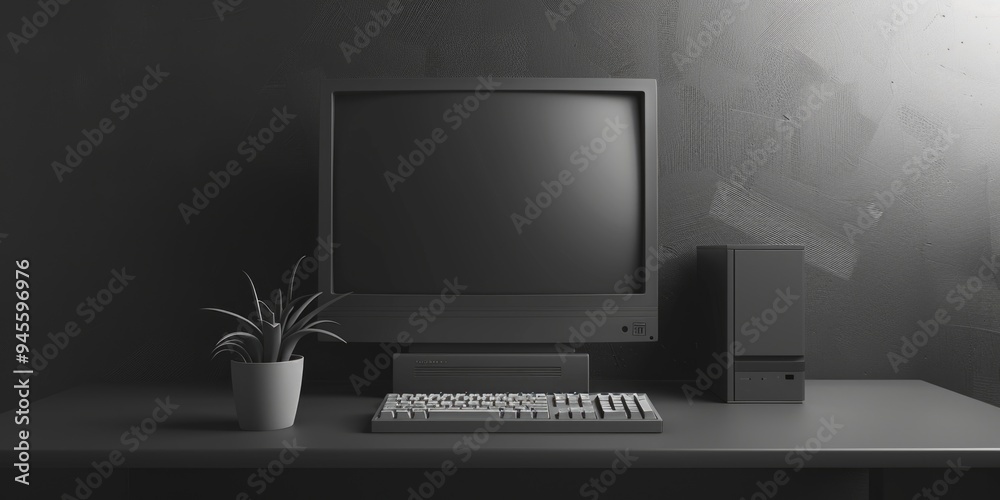 Aufkleber a desktop computer sitting on a desk, perfect for work or home use