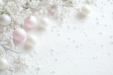 aesthetic photo of snow background with Christmas ornaments and white flowers 