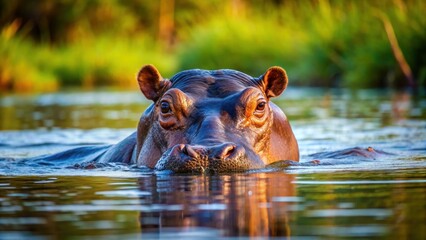 Fototapeta premium Hippo swimming gracefully in the river, Hippo, water, wildlife, African animal, nature, wild, mammal, large, river, aquatic
