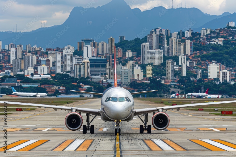 Sticker Large commercial aircraft parked at the end of an airport runway, ready for takeoff or landing