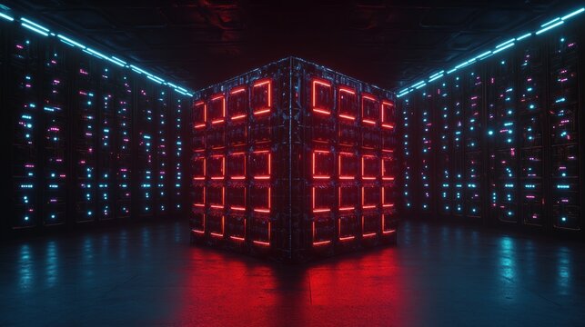 A high-tech cube illuminated with red and blue neon lights in a dark, futuristic setting, symbolizing advanced digital technology and innovation.