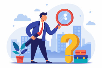 Problem analysis, analyze information to find solution or answer, solving problem or trouble, challenge to think overcome difficulty concept, businessman analyze question mark with magnifying glass.
