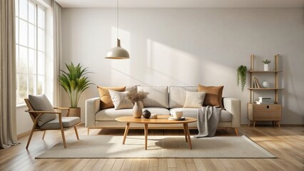 Minimalist living room with neutral decor and cozy textiles , cozy, textiles, neutral, decor, minimalist, living room