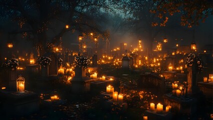 Cemetery Illuminated by Candlelight at Nightfall