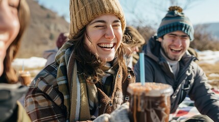 Fototapeta premium Group of friends laughing and enjoying chocolate milkshakes at a joyful outdoor picnic.capturing the essence of friendship, relaxation, and carefree summer days.joyful, fun, carefree, relaxed