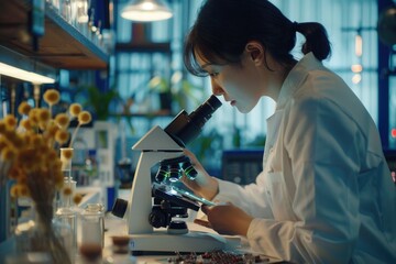 A woman in a lab coat examines a microscopic sample, illustration of scientific research and discovery