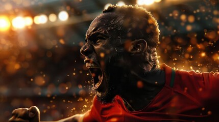 Photo-realistic football player celebrating a goal, intense expression, dynamic pose, lifelike graphics, hyper-detailed textures