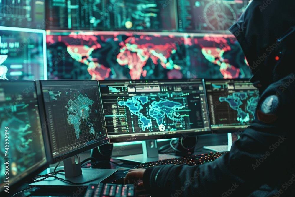Poster A person sits at a desk with multiple computer monitors, focusing on work