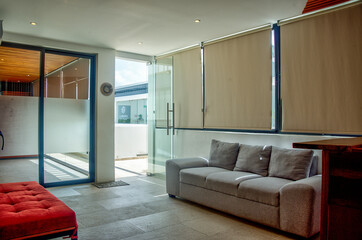 Modern office with wood finishing and blue accent walls