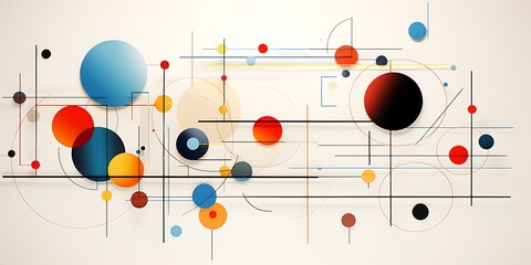 A poster with bold geometric shapes and lines in blue, red, yellow, and orange colors,The background is white to highlight these forms. 